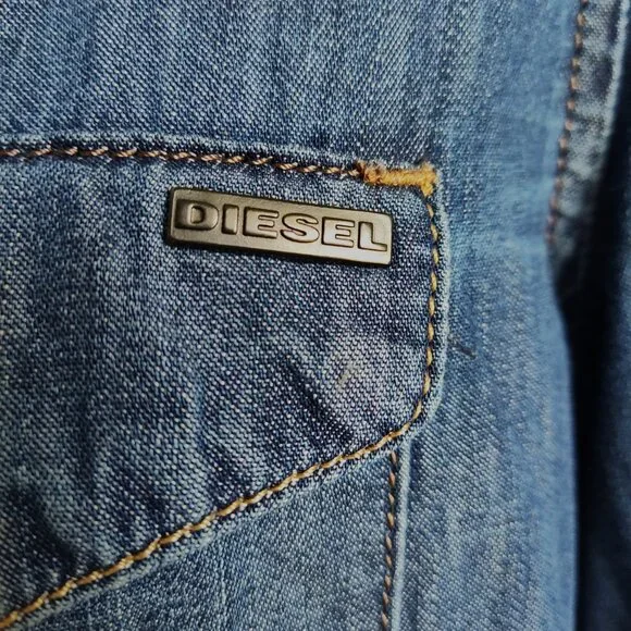 Diesel Western Distressed Chambray Snap Front Cotton Thin Soft Denim Shirt Sz S - Picture 8 of 11
